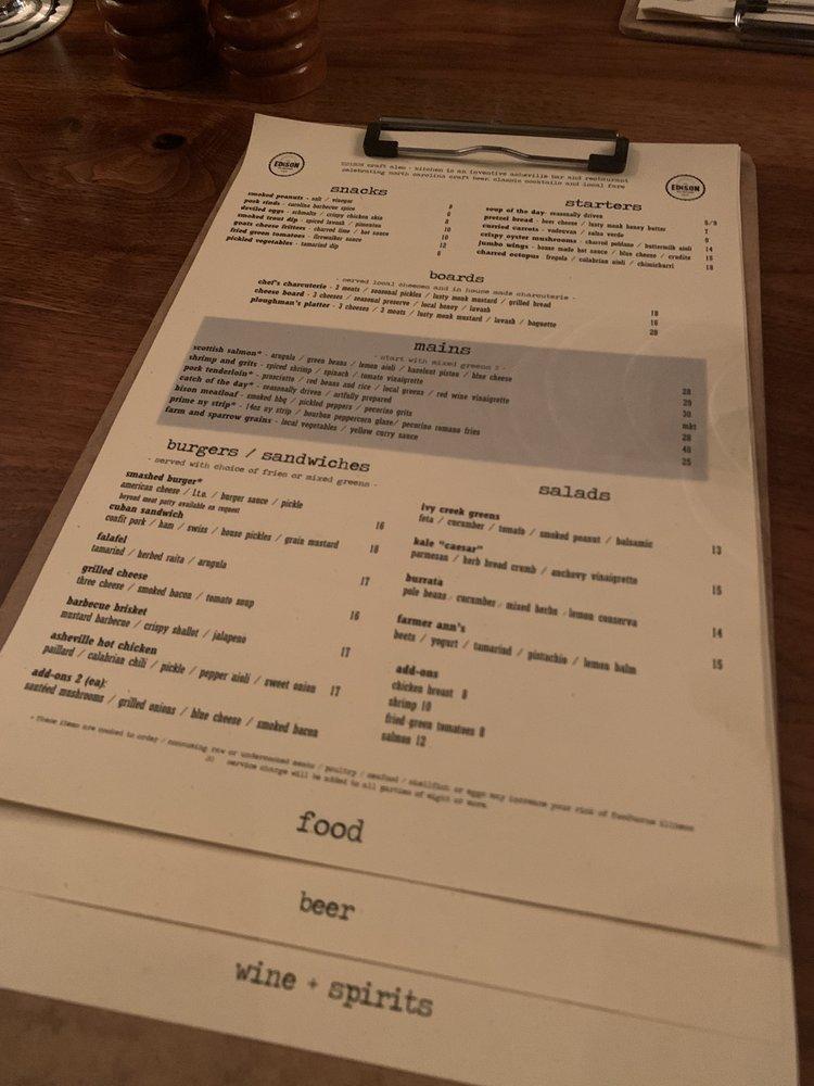 Menu at Edison, Craft Ales + Kitchen pub & bar, Asheville