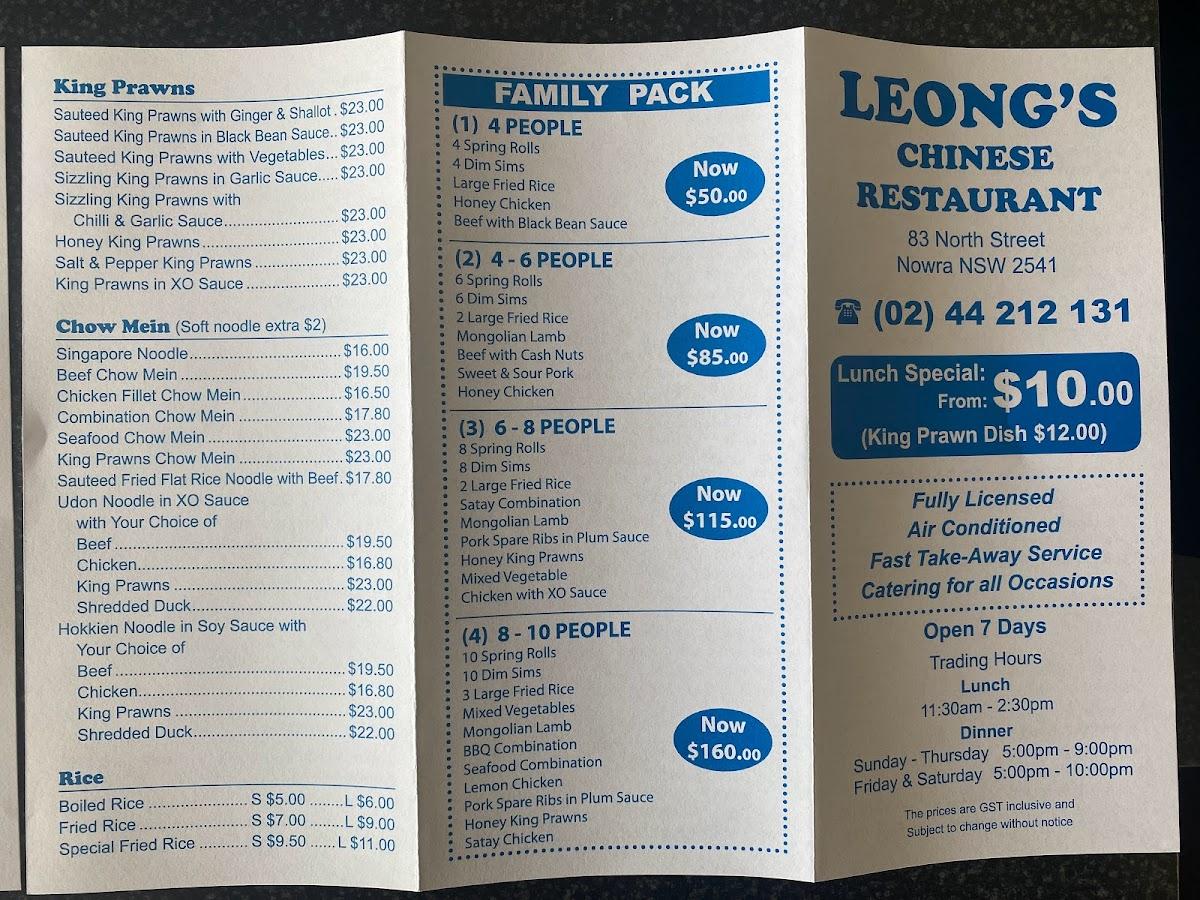 Menu at Leong's Chinese Restaurant, Nowra