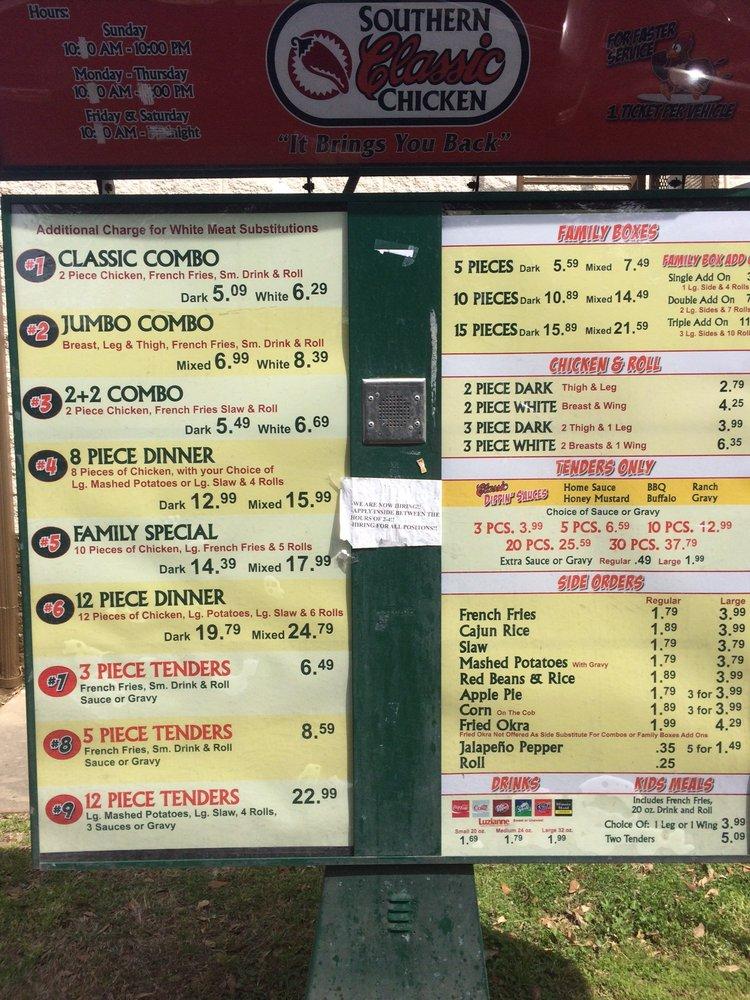 Menu at Southern Classic Chicken restaurant, Natchitoches