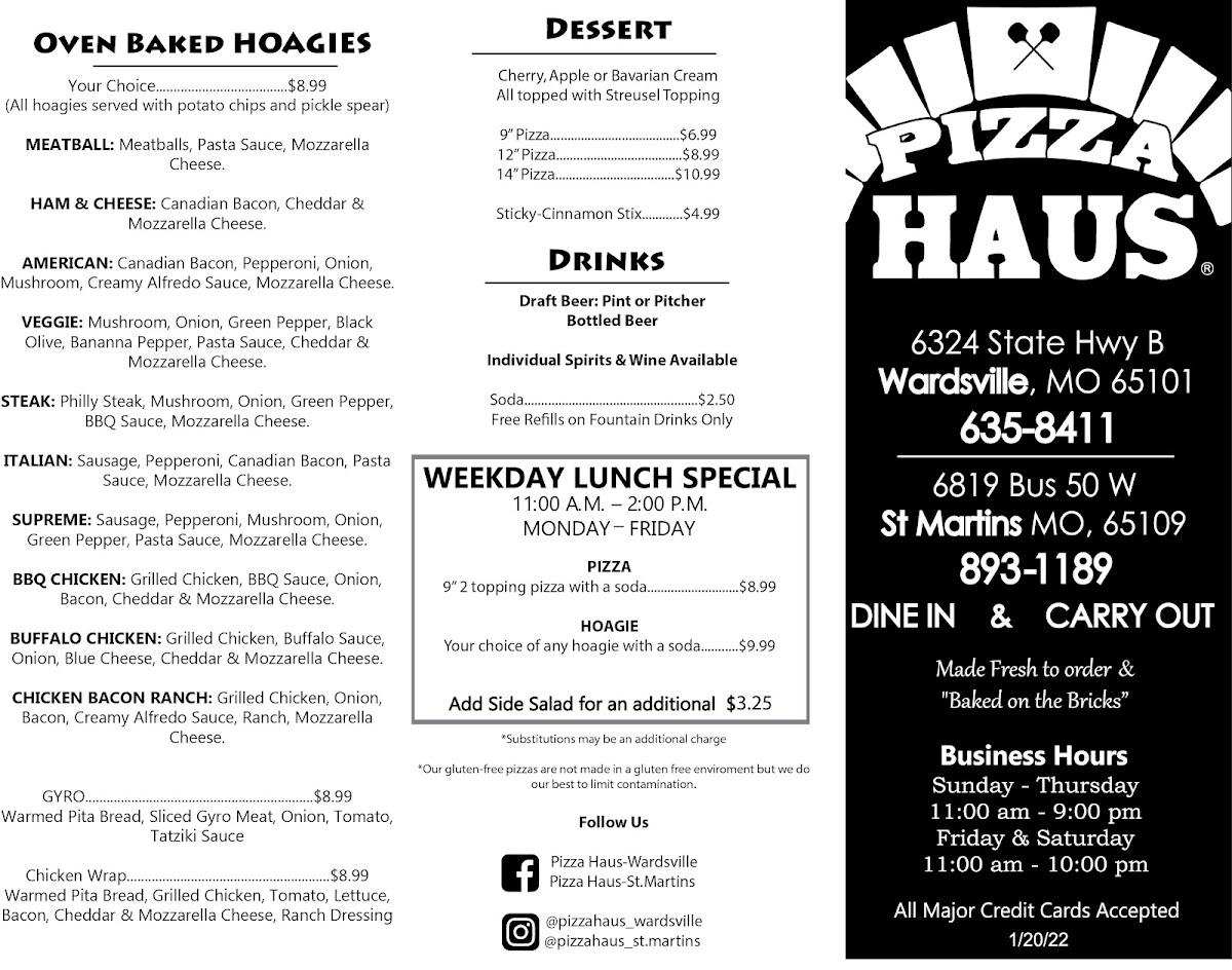 Menu at Pizza Haus Wardsville pizzeria, Jefferson City, State Hwy B
