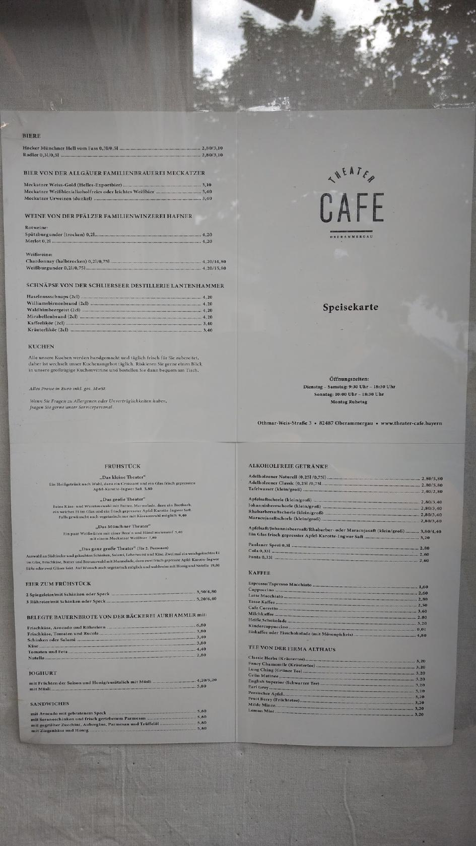 Speisekarte von Theater Café cafe, Oberammergau