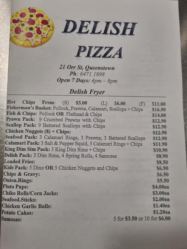 Menu at Delish Pizzeria, Queenstown