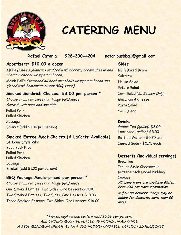 Menu at Notorious PIG BBQ, Camp Verde