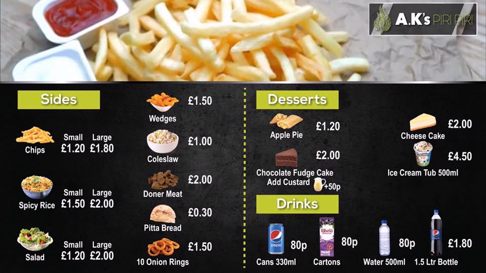 Menu at A.K's Piri Piri restaurant, Luton