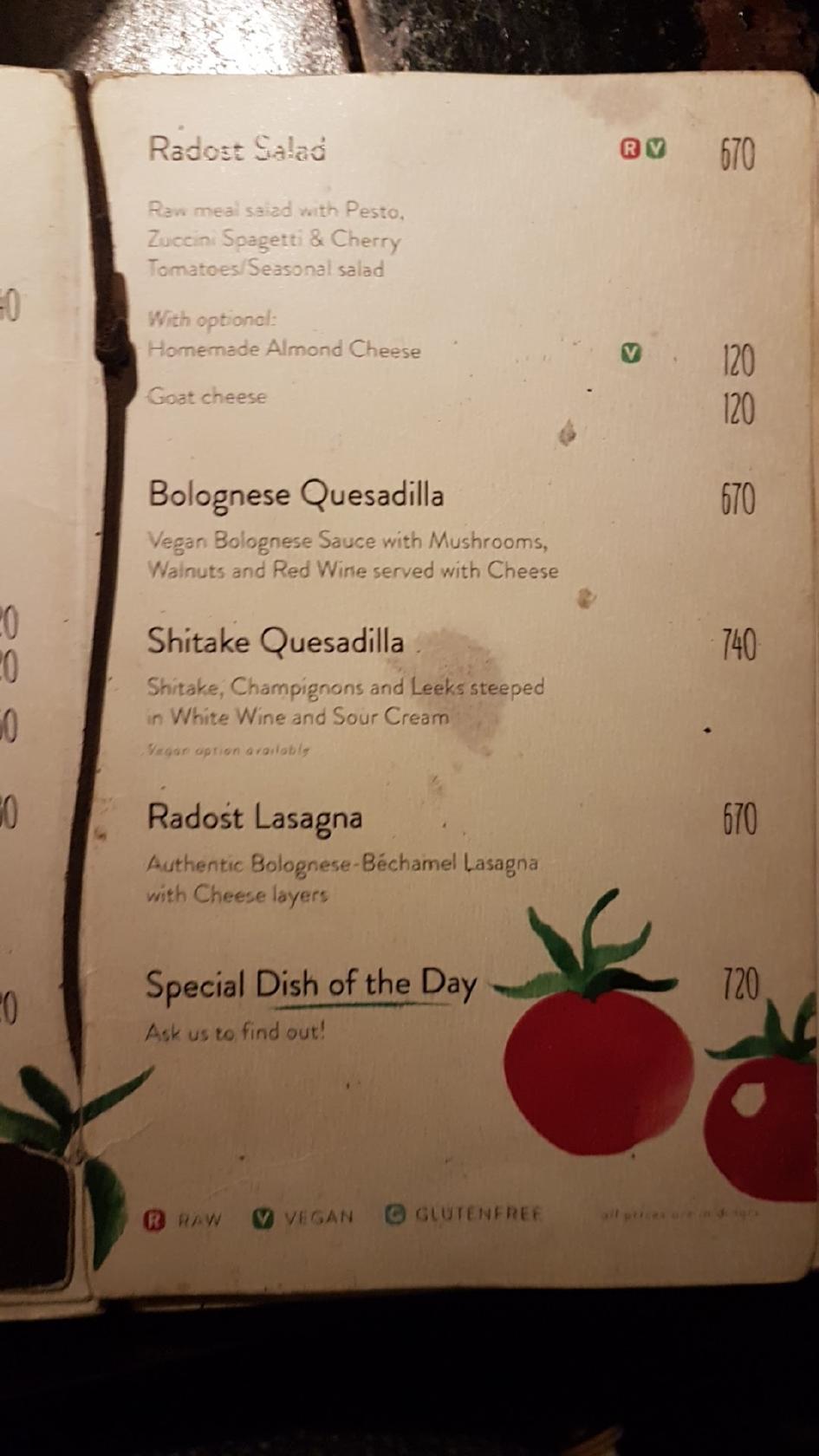 Menu au Radost Fina Kuhinjica restaurant, Belgrade