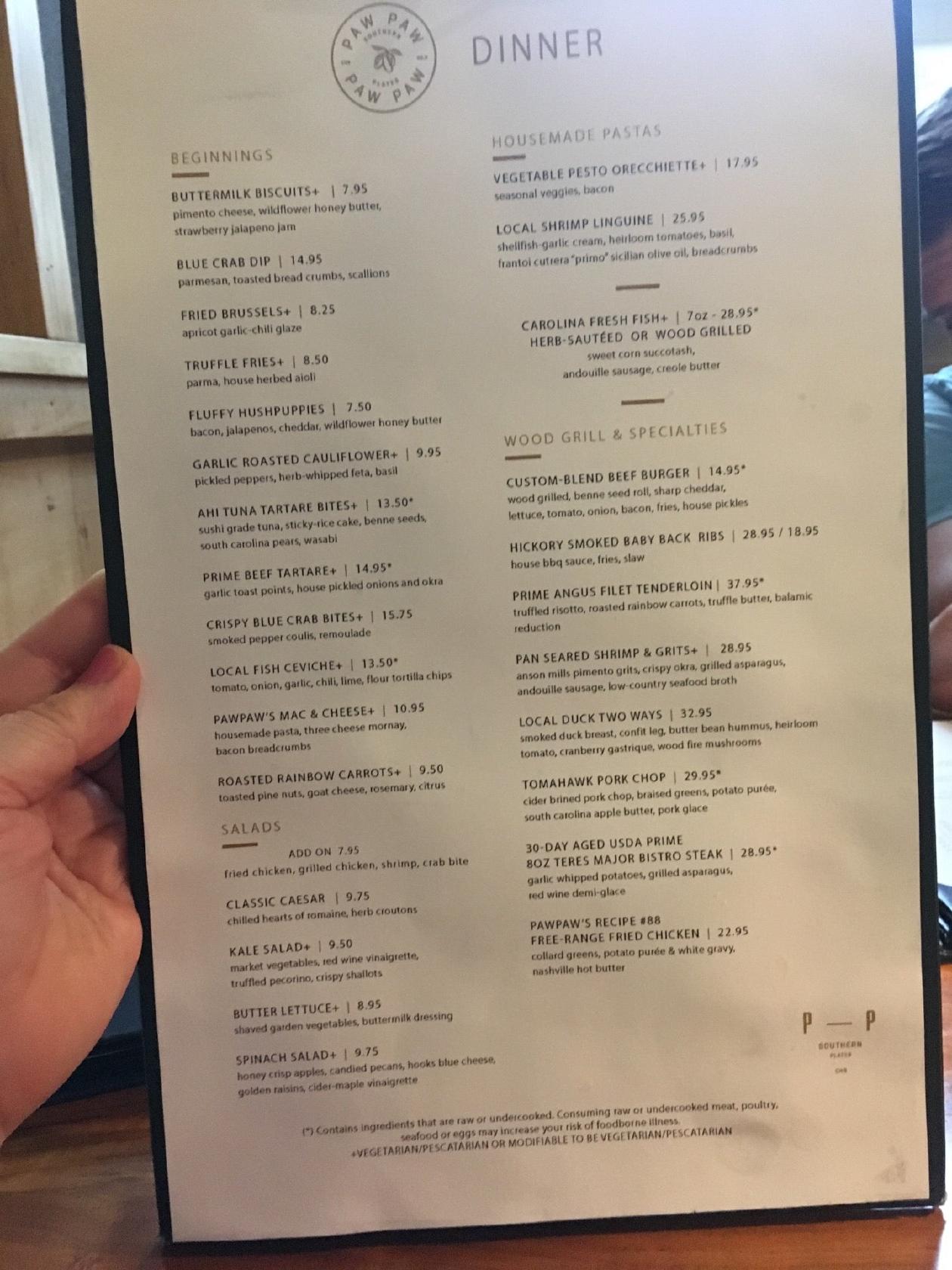 Menu at Pawpaw pub & bar, Charleston, 209 E Bay St
