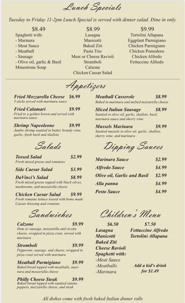Menu at Da Vinci's Italian Restaurant, Stillwater