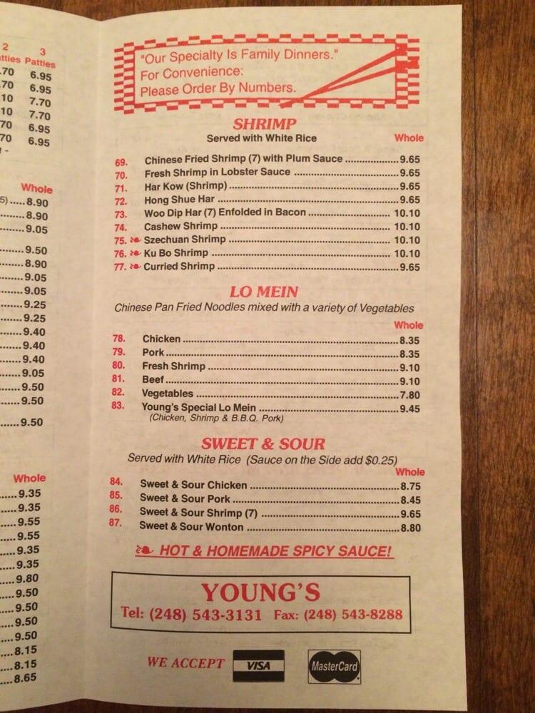 Menu at Young's Chinese Food Carryout restaurant, Royal Oak