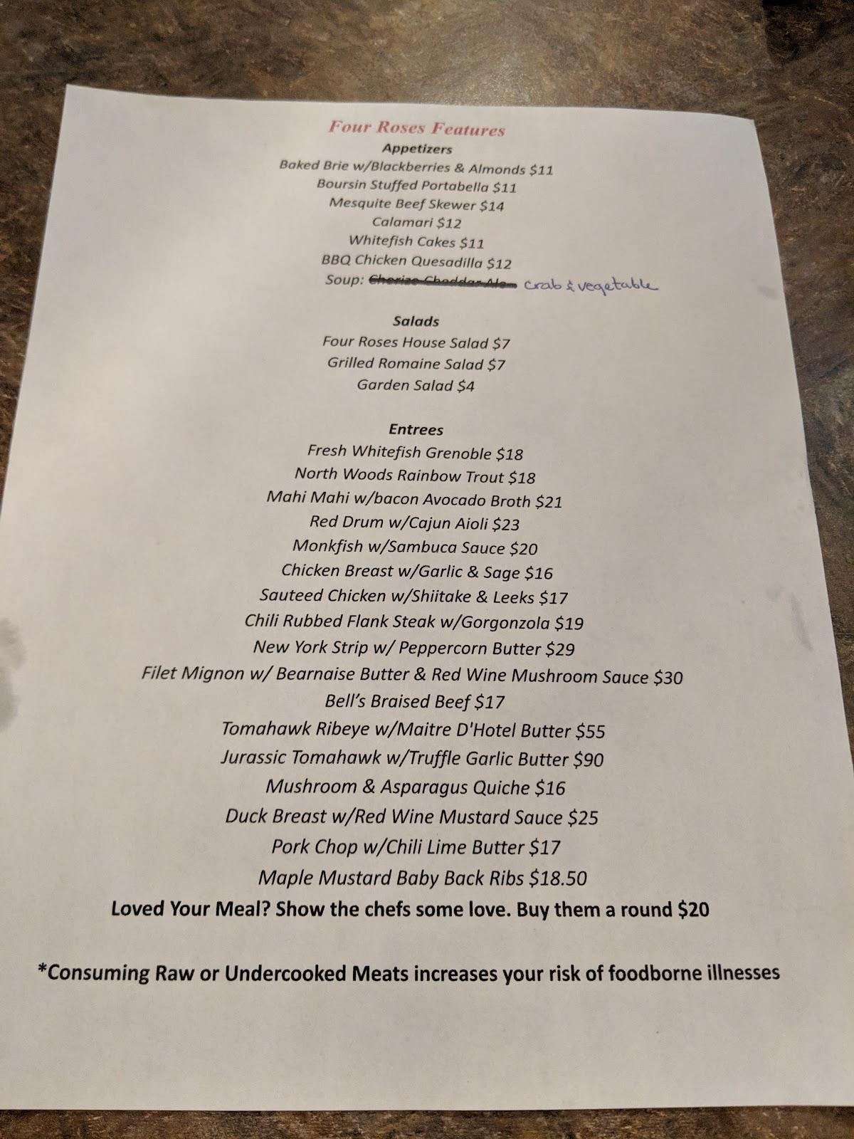 Menu at Four Roses Cafe, Plainwell