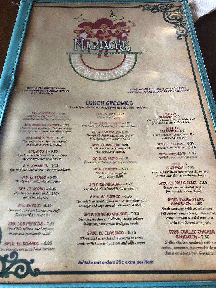 Menu at Mariachi's Mexican Grill restaurant, Gulf Breeze