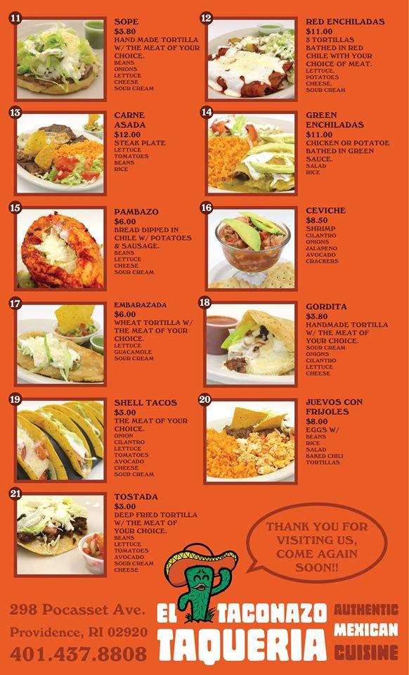 Carta Del Restaurante El Taconazo Providence 298 Pocasset Ave