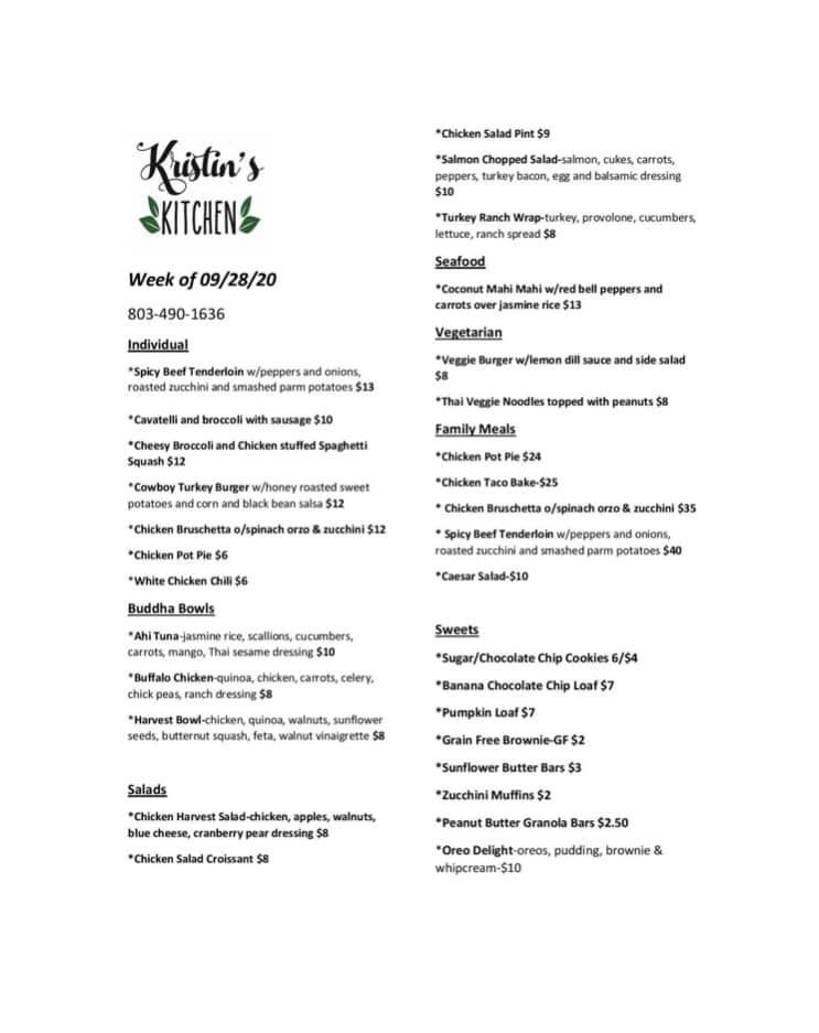 Menu at Kristin's Kitchen restaurant, Lexington