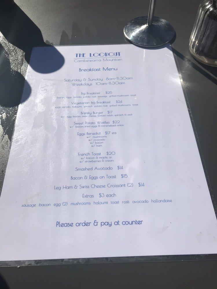 Menu at Cambewarra Mountain Lookout restaurant, Beaumont
