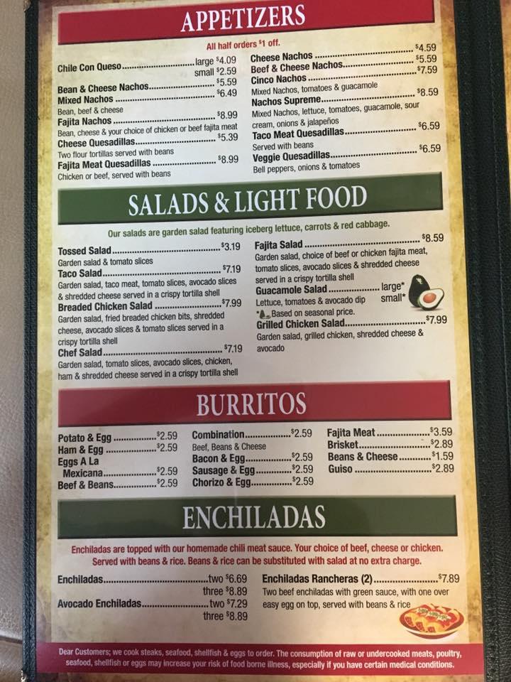 Menu at Hidalgo's Cafe, Coleman