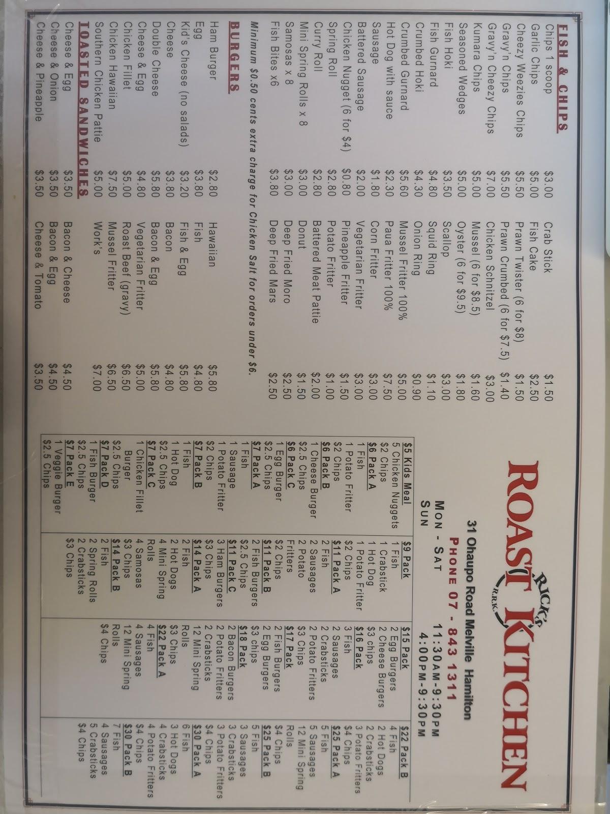 Menu at Ricks Roast Kitchen, Hamilton