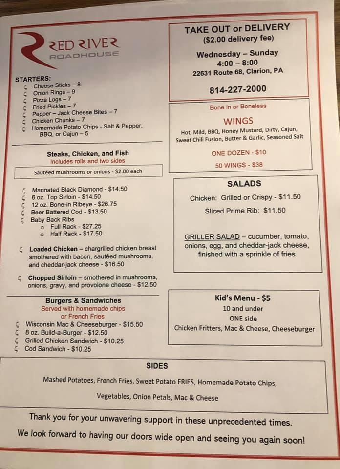 Carta del pub y bar Red River Roadhouse (RRR), Clarion