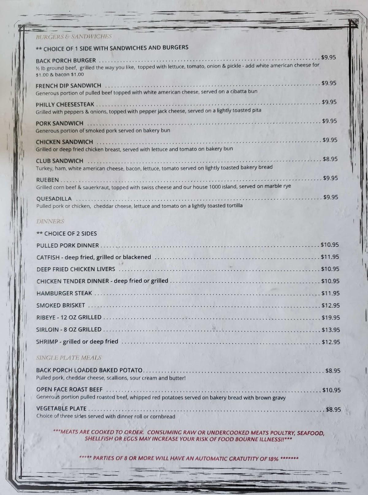 Menu at Back Porch Grill restaurant, Livingston