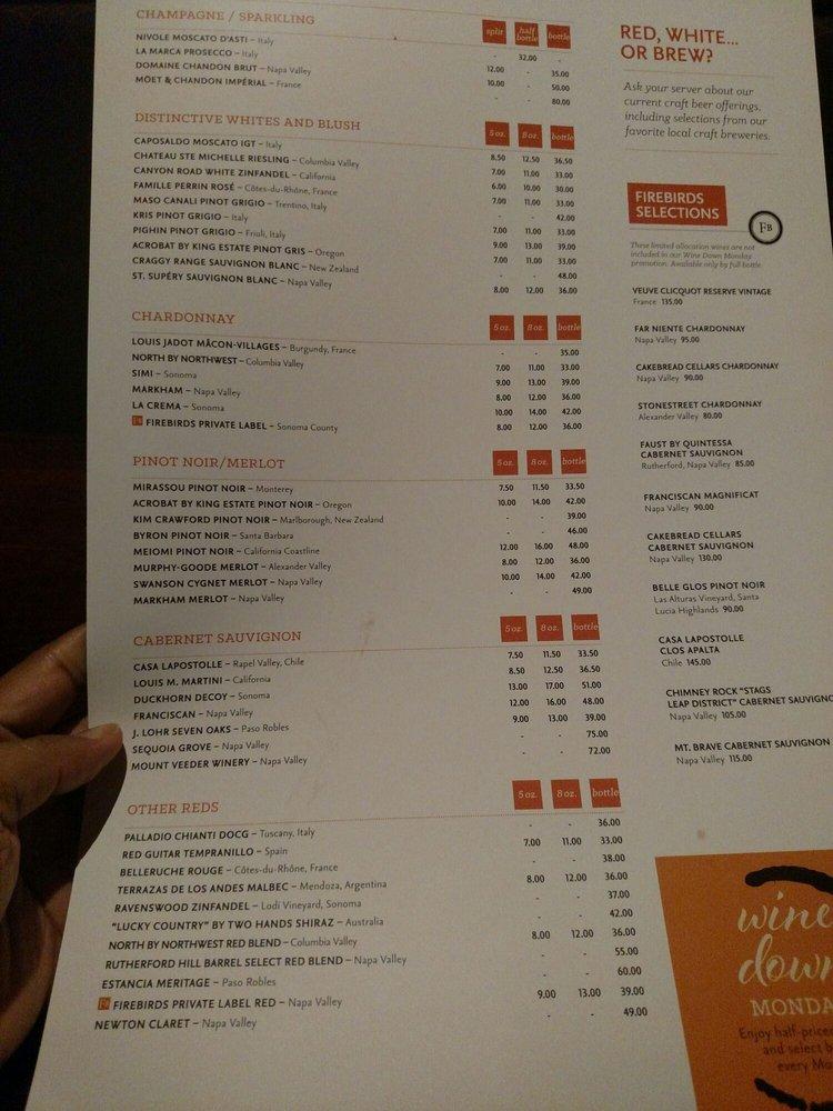 Menu At Firebirds Wood Fired Grill Pub Bar Indianapolis