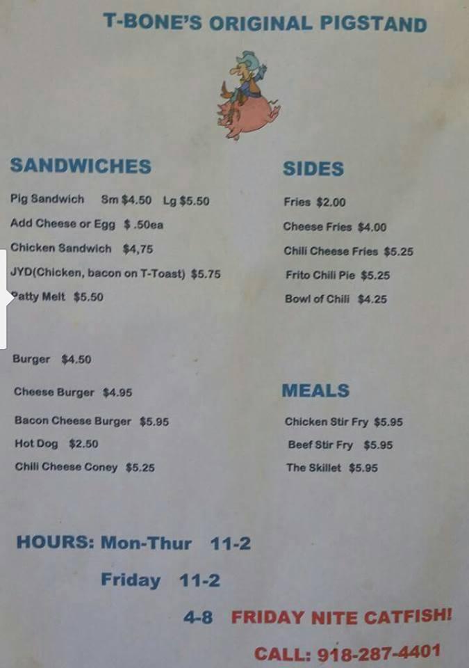 Menu at Pig Stand restaurant, Pawhuska, W Main St