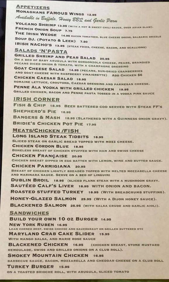 Menu at Monaghan's Irish Restaurant, Rockville Centre