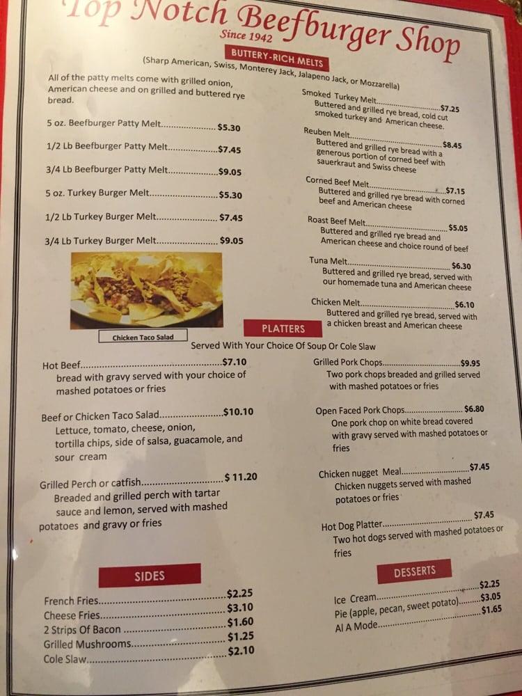 Menu at Top Notch Beefburgers restaurant, Chicago, W 95th St