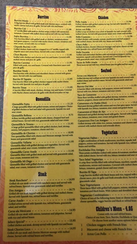 Menu at Los Dos Amigos Mexican Restaurant, Bowling Green