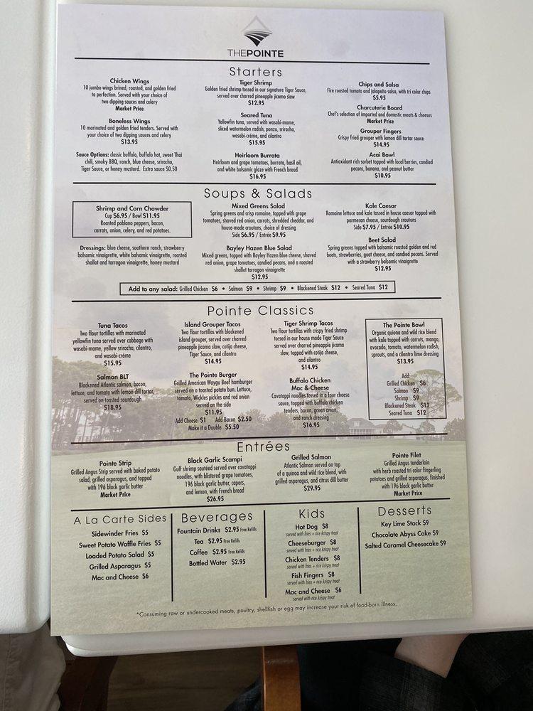 Menu at The Pointe restaurant, Gulf Breeze