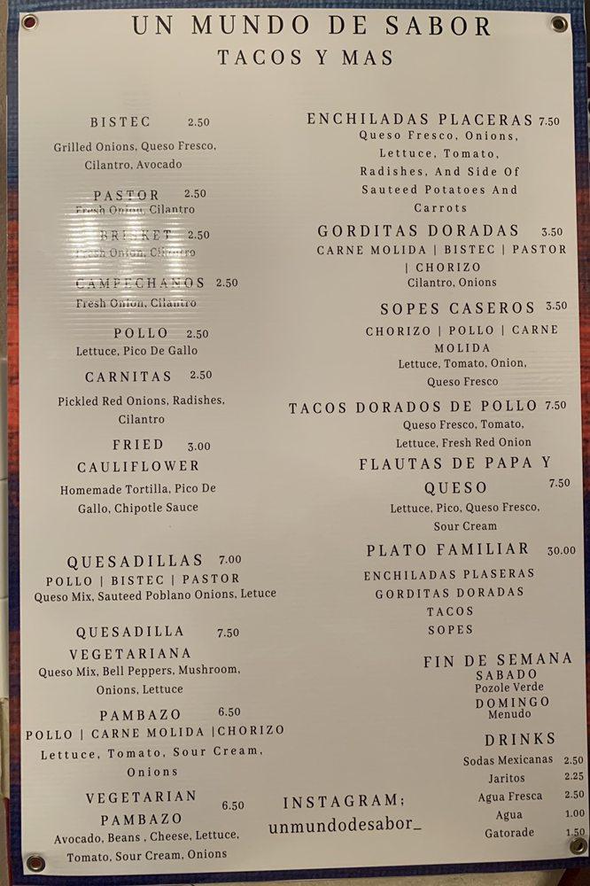 Menu at Un Mundo De Sabor restaurant, Austin, Menchaca Rd