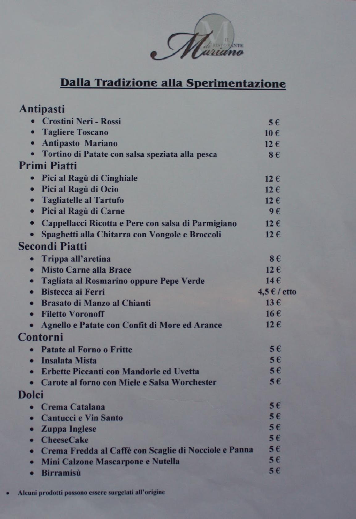 Menu at Il Ristorante di Mariano Arezzo