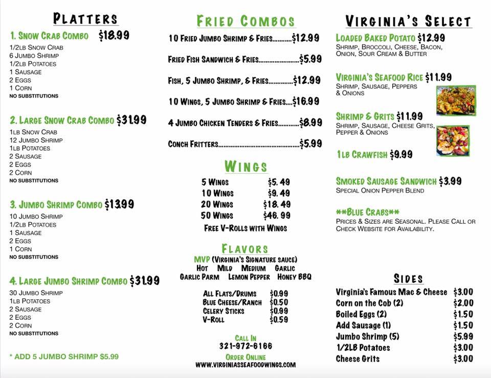 Menu at Virginia's Seafood & Wings restaurant, Longwood, 968 W Sr 434