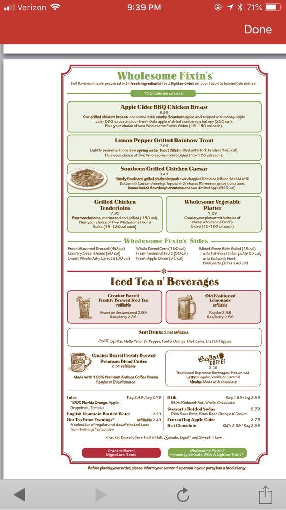Menu at Cracker Barrel Old Country Store, Richmond, Mayland Ct