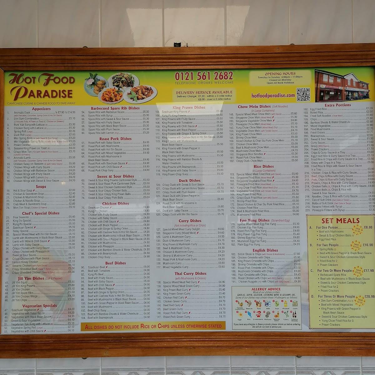Menu at Hot Food Paradise restaurant, Rowley Regis