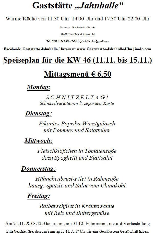 Speisekarte von Gaststätte Jahnhalle Ulm restaurant, Ulm