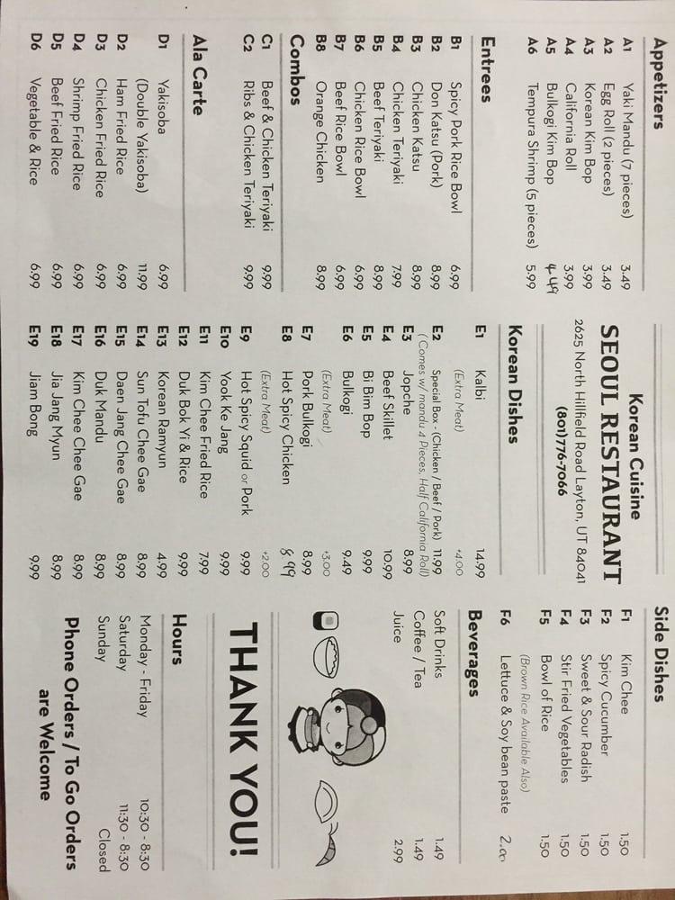 Menu at Seoul Korean Restaurant, Layton