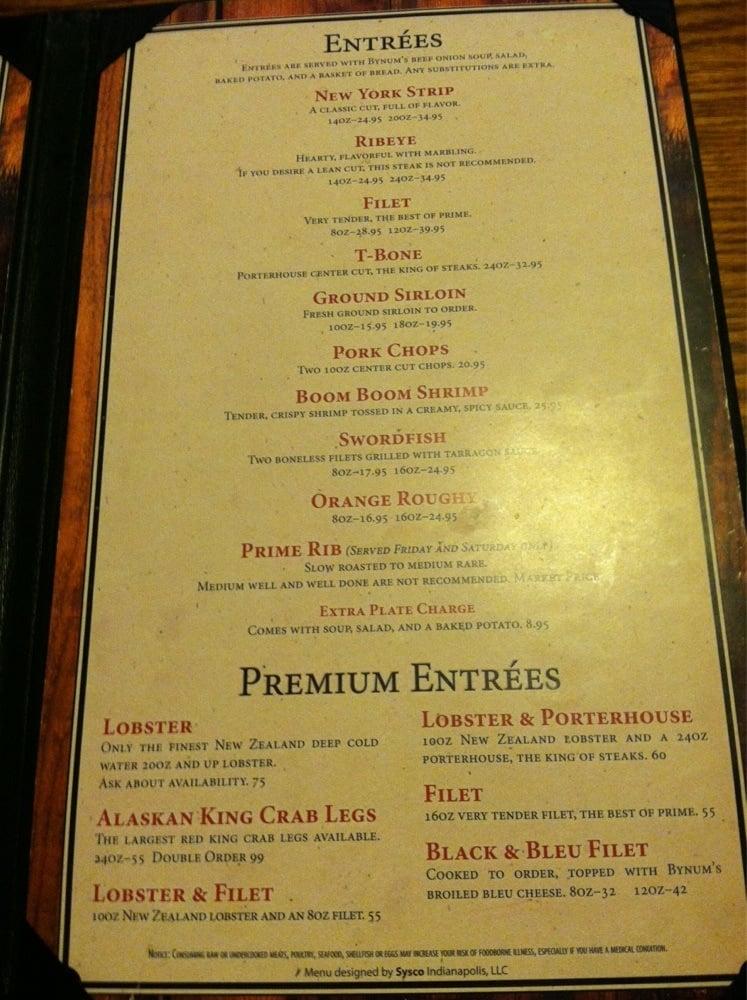 Menu at Bynum's Steakhouse, Martinsville