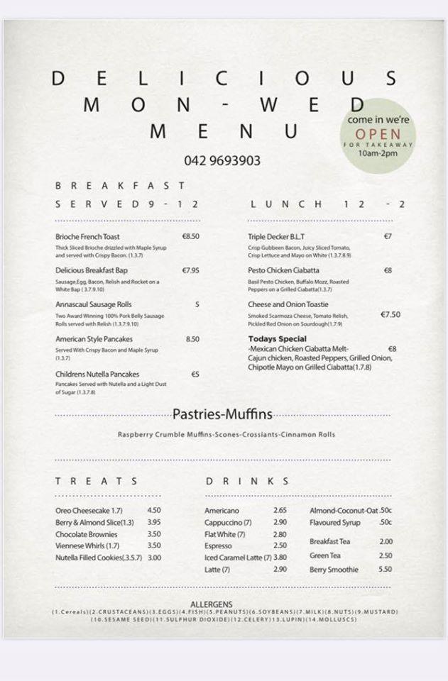 Menu at Delicious Coffee House & Deli, Kingscourt