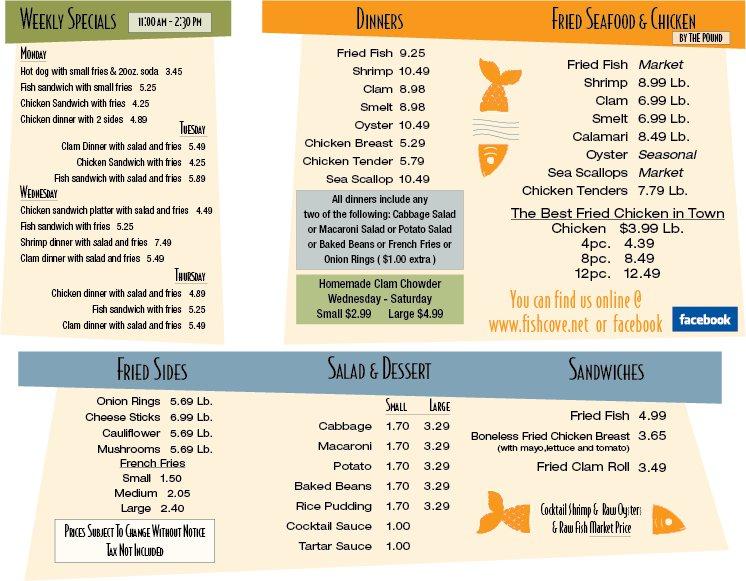 Menu at Fish Cove restaurant, Syracuse, Genesee St