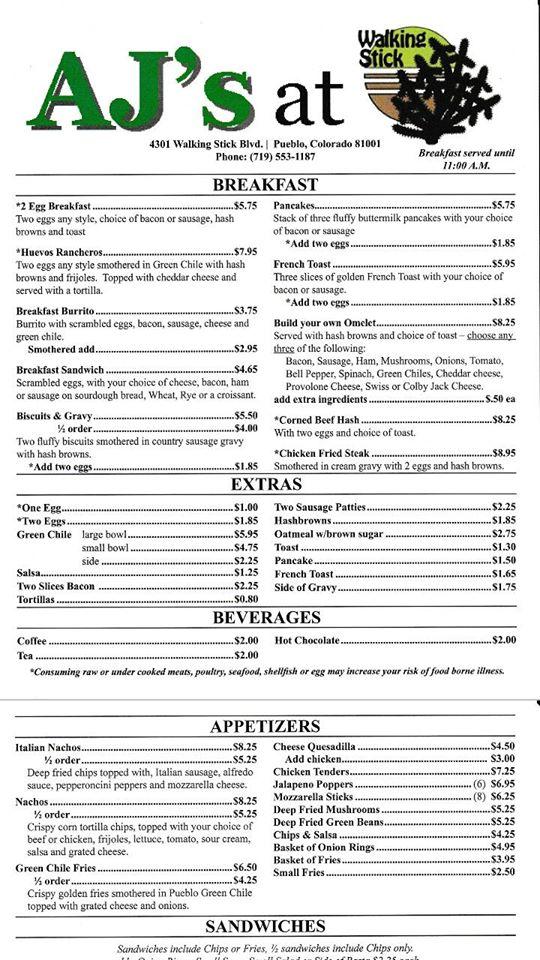Menu at AJ's at Walking Stick restaurant, Pueblo