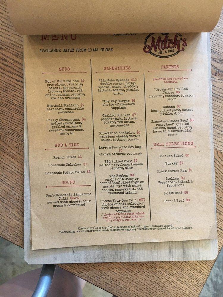 Menu at Mitch's Fuel & Food cafe, Confluence