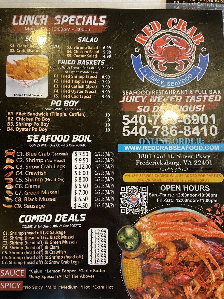 Menu at Red Crab Juicy Seafood restaurant, Fredericksburg