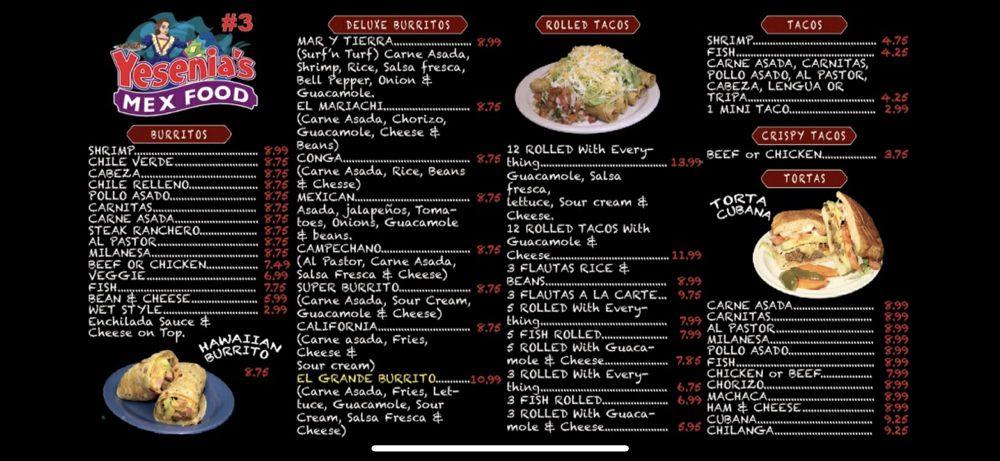 yesenia's mexican food menu