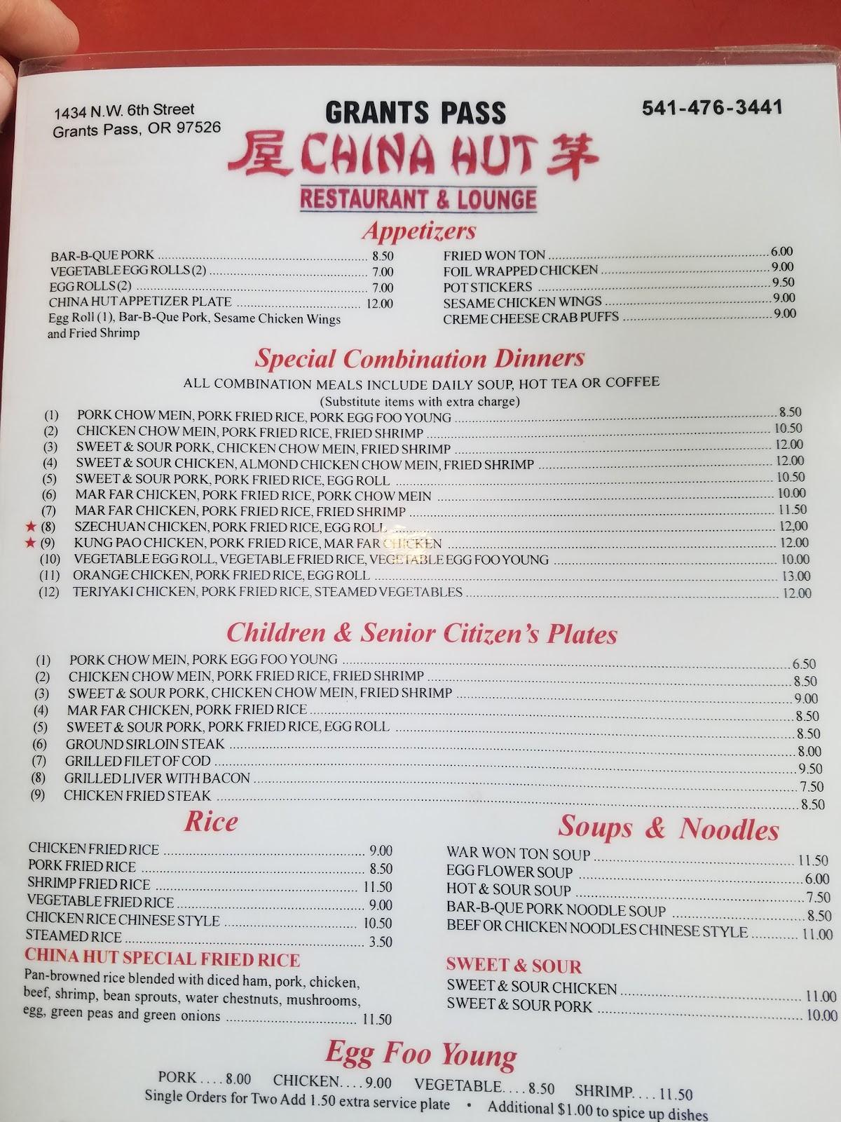Menu at China Hut restaurant, Grants Pass