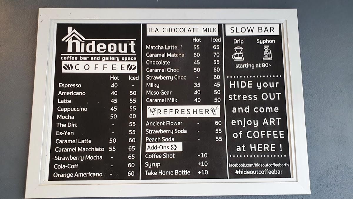 Menu at Hideout Coffee Bar and Gallery Space, Nong Yai