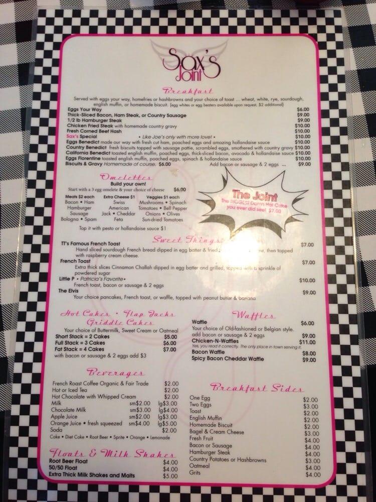 Menu at Sax's Joint restaurant, Petaluma