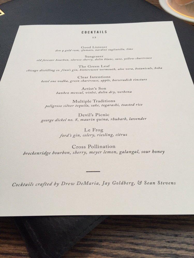 Menu at Boka restaurant, Chicago