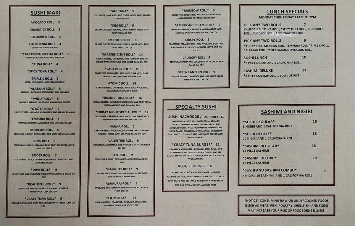 Menu at Hirano's Garden City restaurant, Garden City