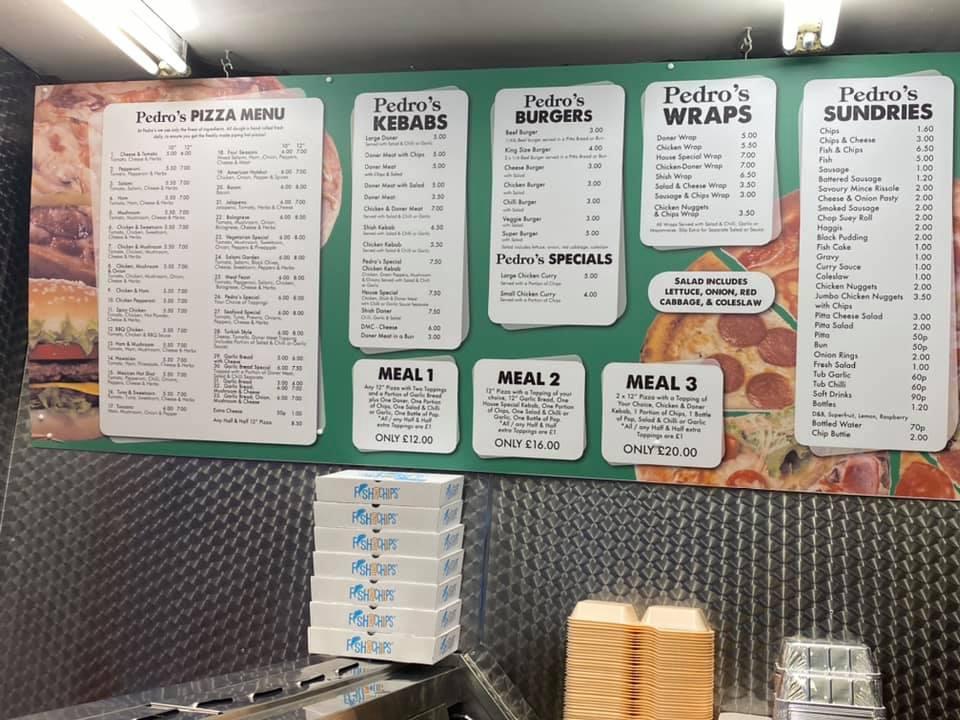 Menu at Pedro's Workington fast food, Workington