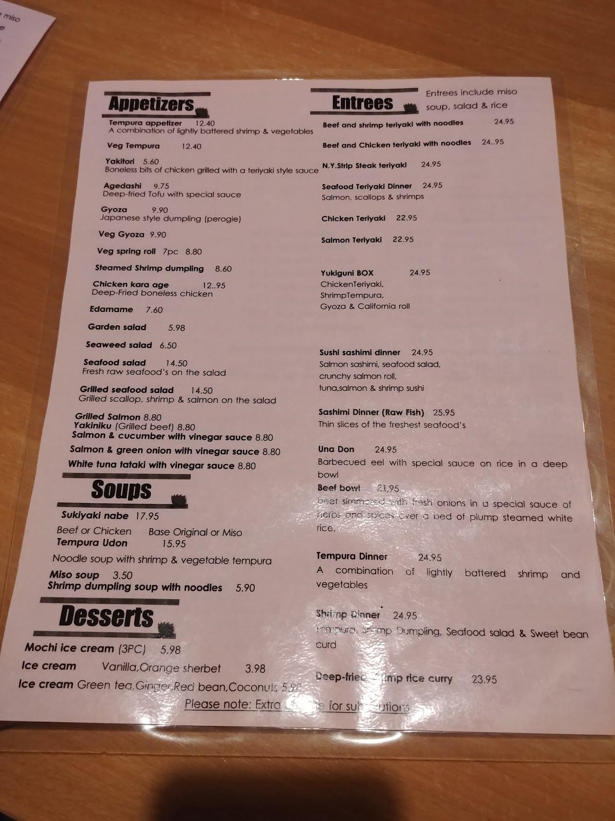 Menu At Yukiguni Ii Restaurant Fort Erie