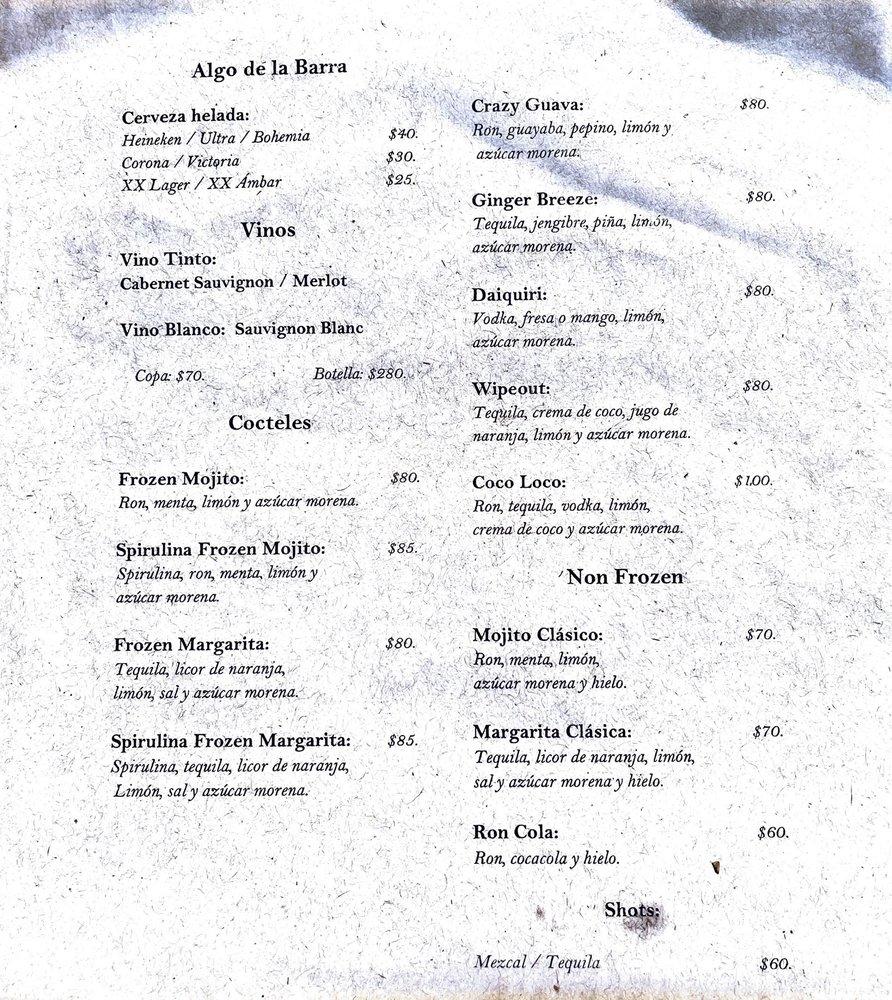 Menu at Spirulina restaurant, Puerto Escondido