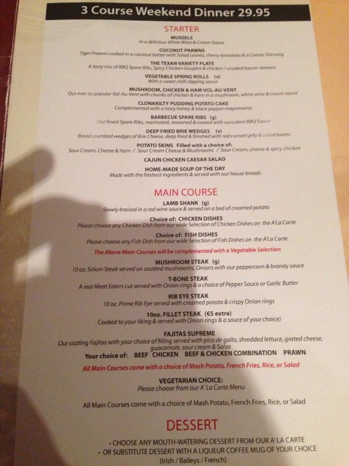 Menu at Texas Steakout restaurant, Limerick